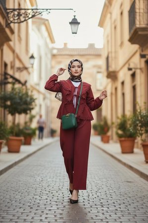 önü Bağlamalı Pantolonlu çilek Takım -bordo