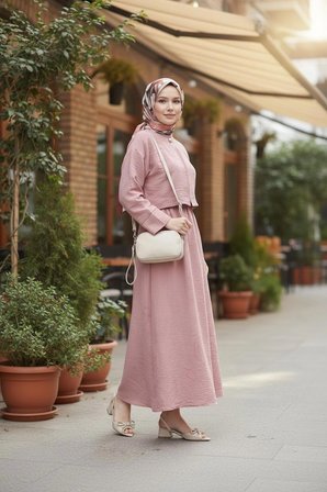 Stil Kuşağı Nakışlı Tek Düğmeli Tesettür Takım Gül Kurusu Keten Görünümlü 38 Beden