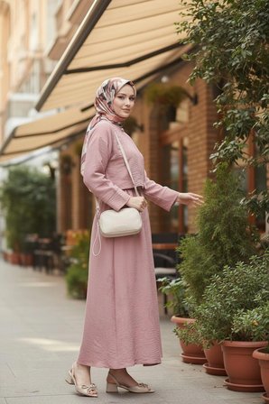 Stil Kuşağı Nakışlı Tek Düğmeli Tesettür Takım Gül Kurusu Keten Görünümlü 38 Beden