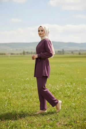 kadın mürdüm  Detaylı Tunik Pantolonlu Takım