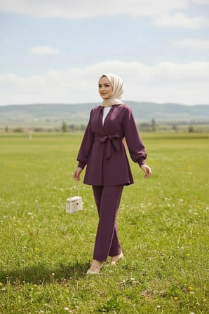 kadın mürdüm  Detaylı Tunik Pantolonlu Takım