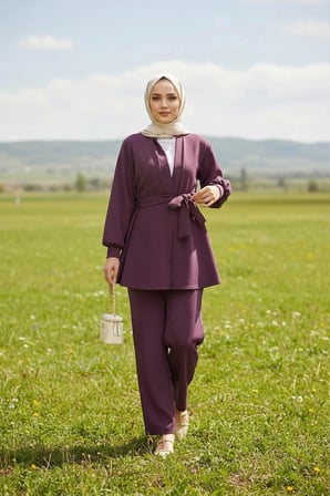 kadın mürdüm  Detaylı Tunik Pantolonlu Takım