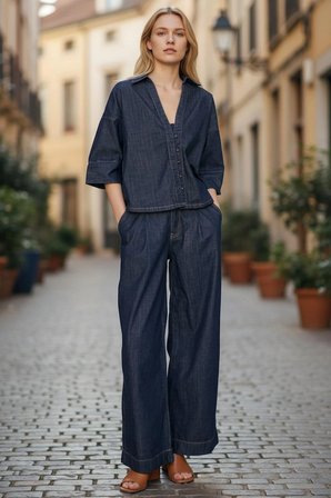 Stil Kuşağı Truvakar Kol Denim Gömlek ve Pileli Pantolon Takım Lacivert %100 Pamuk Oversize
