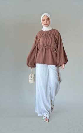 Bağcık Detaylı Balon Kol Müslin Tunik /KAHVERENGİ