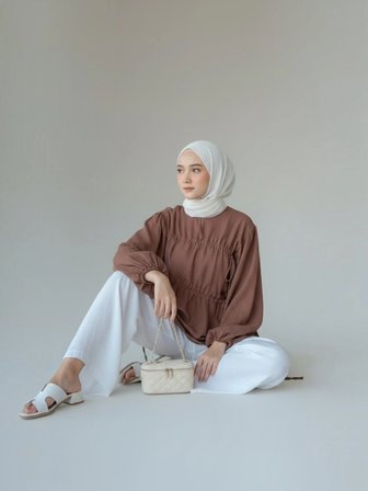 Bağcık Detaylı Balon Kol Müslin Tunik /KAHVERENGİ