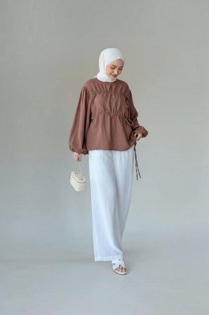 Bağcık Detaylı Balon Kol Müslin Tunik /KAHVERENGİ