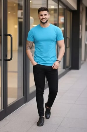 Vexor Erkek T-Shirt Bisiklet Yaka Slim Fit Dar Kesim Likralı Tişört Günlük Basic Body - Açık Mavi