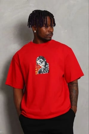 Vexor Erkek Baskılı T-Shirt Kısa Kol Bisiklet Yaka Regular Fit Rahat Kalıp Günlük Tişört - Kırmızı