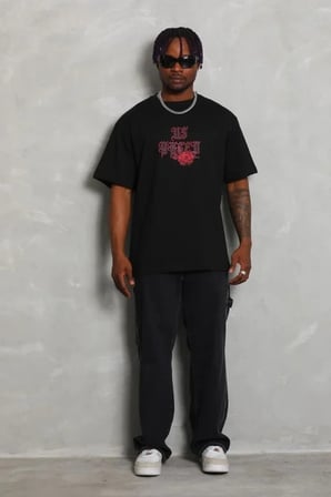 Vexor Erkek Baskılı Tişort Kısa Kol Bisiklet Yaka Ovarsize T-Shirt - Siyah