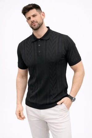 Vexor Erkek Yazlık Triko Tişört Kısa Kol Polo Yaka Düğmeli T-Shirt - Siyah