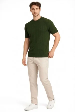 Vexor Erkek Yazlık Fitilli Triko Tişört Kısa Kol Bisiklet Yaka T-Shirt - Haki