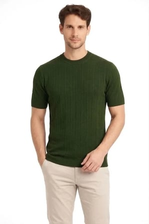 Vexor Erkek Yazlık Fitilli Triko Tişört Kısa Kol Bisiklet Yaka T-Shirt - Haki