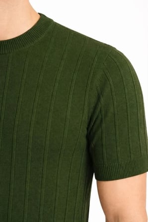 Vexor Erkek Yazlık Fitilli Triko Tişört Kısa Kol Bisiklet Yaka T-Shirt - Haki