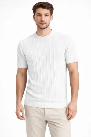 Vexor Erkek Yazlık Fitilli Triko Tişört Kısa Kol Bisiklet Yaka T-Shirt - Beyaz