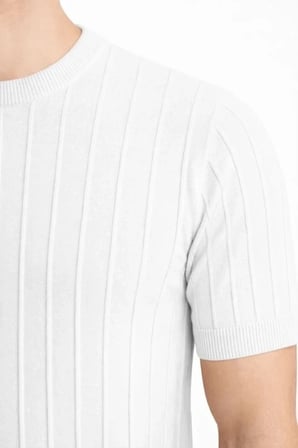 Vexor Erkek Yazlık Fitilli Triko Tişört Kısa Kol Bisiklet Yaka T-Shirt - Beyaz