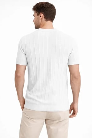Vexor Erkek Yazlık Fitilli Triko Tişört Kısa Kol Bisiklet Yaka T-Shirt - Beyaz