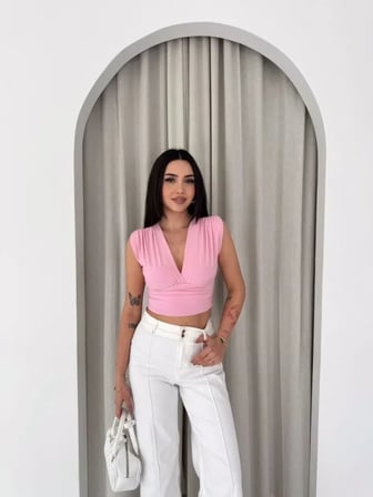 Vexor Vatkalı Kolsuz V Yaka Drapeli Crop Bluz Likralı Fit - Pembe