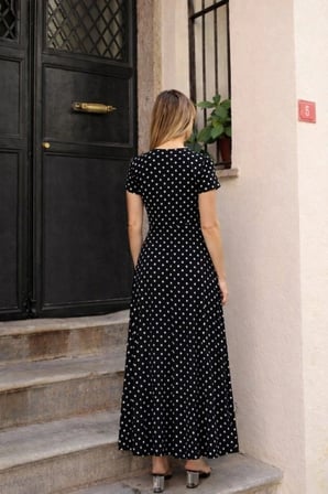 Vexor Kadın Kısa Kollu Bisiklet Yaka Puantiyeli Maksi örme Krep Elbise
