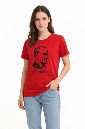 Vexor Atatürk Baskılı Tişört Kısa Kollu Bisiklet Yaka  T-Shirt - Kırmızı