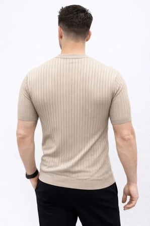 Vexor Erkek Kısa Kol Fitilli Triko T-Shirt Yazlık Hakim Yaka Tişört - Bej