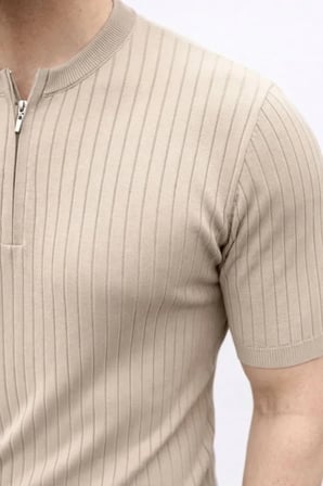 Vexor Erkek Kısa Kol Fitilli Triko T-Shirt Yazlık Hakim Yaka Tişört - Bej