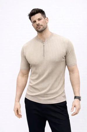 Vexor Erkek Kısa Kol Fitilli Triko T-Shirt Yazlık Hakim Yaka Tişört - Bej