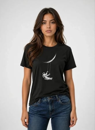 Vexor Astronot Ay Temalı Tişört Kısa Kol Yazlık Bisiklet Yaka T-Shirt - Siyah
