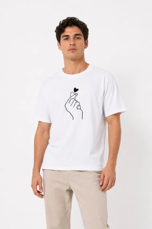 Vexor Erkek Kore Parmak Kalp Aşk Temalı Minimal Baskılı Tişört Yazlık Kısa Kol T-Shirt - Beyaz