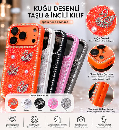 iPhone 17 PRO MAX uyumlu - Kuğu Desenli Taşlı, incili ve Simli Gösterişli Telefon Kılıfı