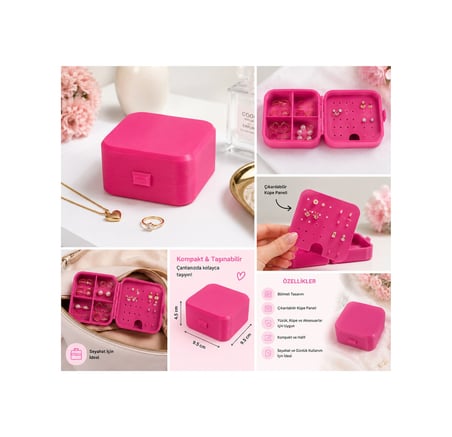 Mini Seyahat Takı Kutusu Küpe Yüzük Kolye Organizeri Bölmeli Taşınabilir 3d Baskı Pembe