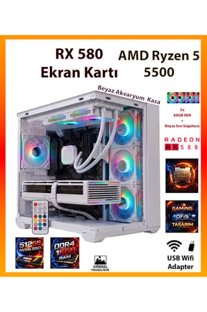 GA ESP Pro Beyaz Sistem RX580 + Ryzen 5 5500 16GB RAM 512GB SSD + Sıvı Soğutucu Akvaryum Kasa FULL RGB Beyaz Oyuncu Bilgisayarı