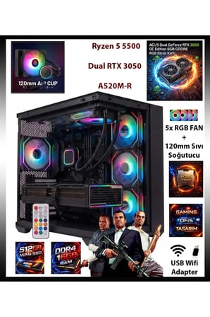 GA-S Gaming RTX 3050 - R5 5500 - 16GB RAM - 512GB M.2 SSD Akvaryum Kasa Sıvı Soğutuculu Oyuncu Bilgisayarı