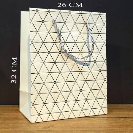 Beyaz Geometrik Desenli Büyük Boy Karton Hediye Çantası