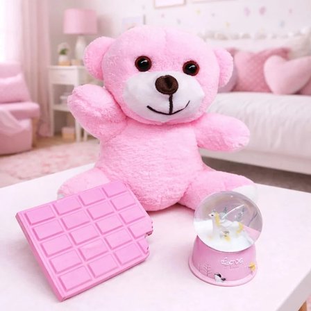 USLUCAN ALIŞVERİŞ Pembe Peluş Ayıcık, Kar Küresi Ve Pembe Çikolata Not Defteri Hediye Seti