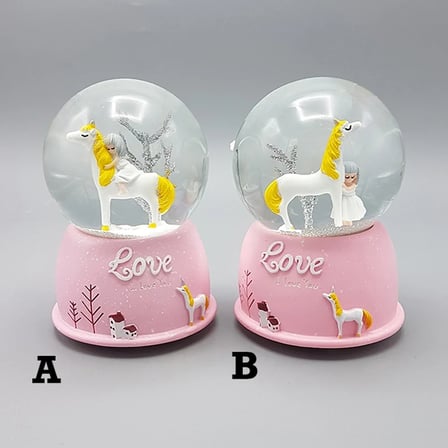 Mini Pembe Kar Küresi - Sevimli Unicorn ve Kız Tasarımlı - Işıklı