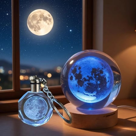 Dolunay Tasarımlı Işıklı Cam Küre - Kristal Anahtarlık Seti - Renk Değiştiren Gece Lambası