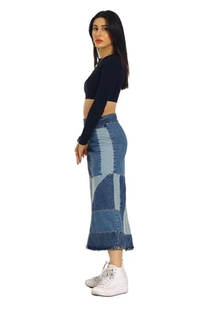 Mavi Patchwork Desenli Denim Kot Etek