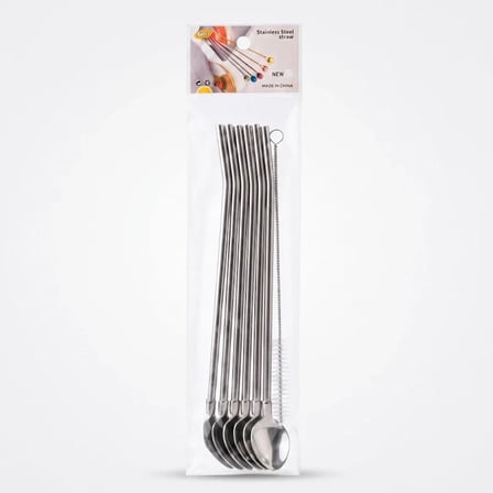 6'lı Kaşıklı Pipet Seti - Metal - Pipet Temizleme Fırçası