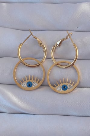 USLUCAN ALIŞVERİŞ 316L Çelik Gold Renk Zirkon Taşlı Mavi Göz Tasarımlı Halka Küpe
