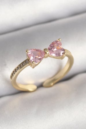USLUCAN ALIŞVERİŞ Pirinç Gold Renk Pembe Zirkon Taşlı Kalp Fiyonk Model Kadın Yüzük