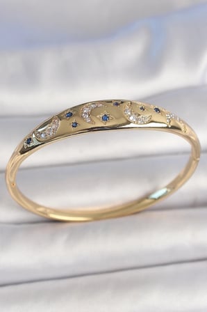 Pirinç Gold Renk Zirkon Taşlı Hilal İşleme Mavi Taşlı Yıldız Detay Kadın Kelepçe