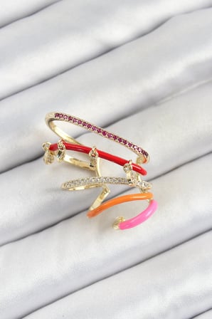 Pirinç Zirkon Taşlı Kırmızı Turuncu Pembe Sıkıştırma Sağ Kıkırdak Gold Renk Kadın Küpe