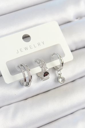USLUCAN ALIŞVERİŞ Pirinç Zirkon Taşlı Halka Model Gümüş Renk 3'lü Çift Kadın Küpe Set