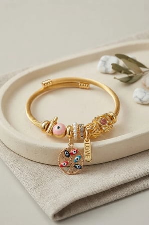 Pembe Nazar Detaylı Ağaç Charmlı Bileklik