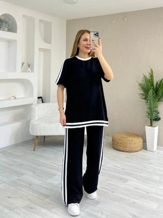 Kadın Kısa Kollu Bisiklet Yaka çift Renk şerit Detaylı Viskon Iki Iplik Bluz Ve Pantolon Ikili Takım