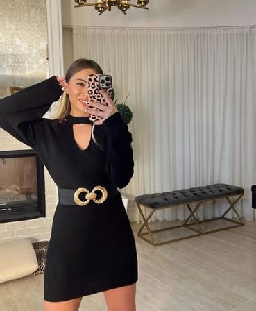 Kadın Uzun Kollu Omuzları Açık Boyundan şerit Detay Kaşkorse Elbise