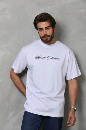USLUCAN ALIŞVERİŞ Erkek Baskılı T-Shirt Kısa Kol Bisiklet Yaka Regular Fit Rahat Kalıp Günlük Tişört - Beyaz