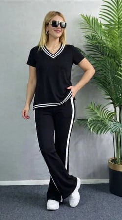 Kadın Kısa Kollu V Yakalı Viskon Iki Iplik Bluz Ve Pantolon Ikili Takım