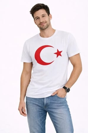 USLUCAN ALIŞVERİŞ Erkek T-Shirt Kısa Kol Bisiklet Yaka Ay Yıldız Bayrak Baskılı Tişört - Beyaz