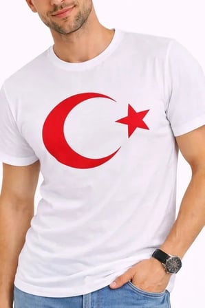 USLUCAN ALIŞVERİŞ Erkek T-Shirt Kısa Kol Bisiklet Yaka Ay Yıldız Bayrak Baskılı Tişört - Beyaz
